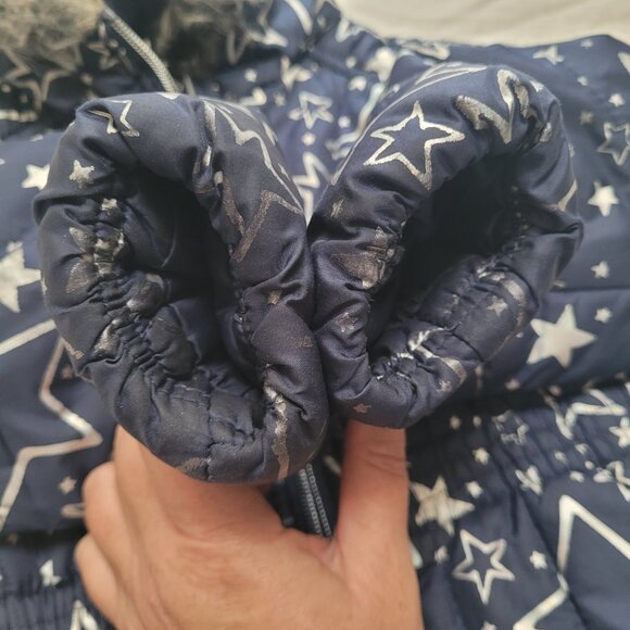 R1881 S. Rothschild Puffer Jacket Hooded Fur Trim Silver Foil Stars Navy 4T - Picture 8 of 9
